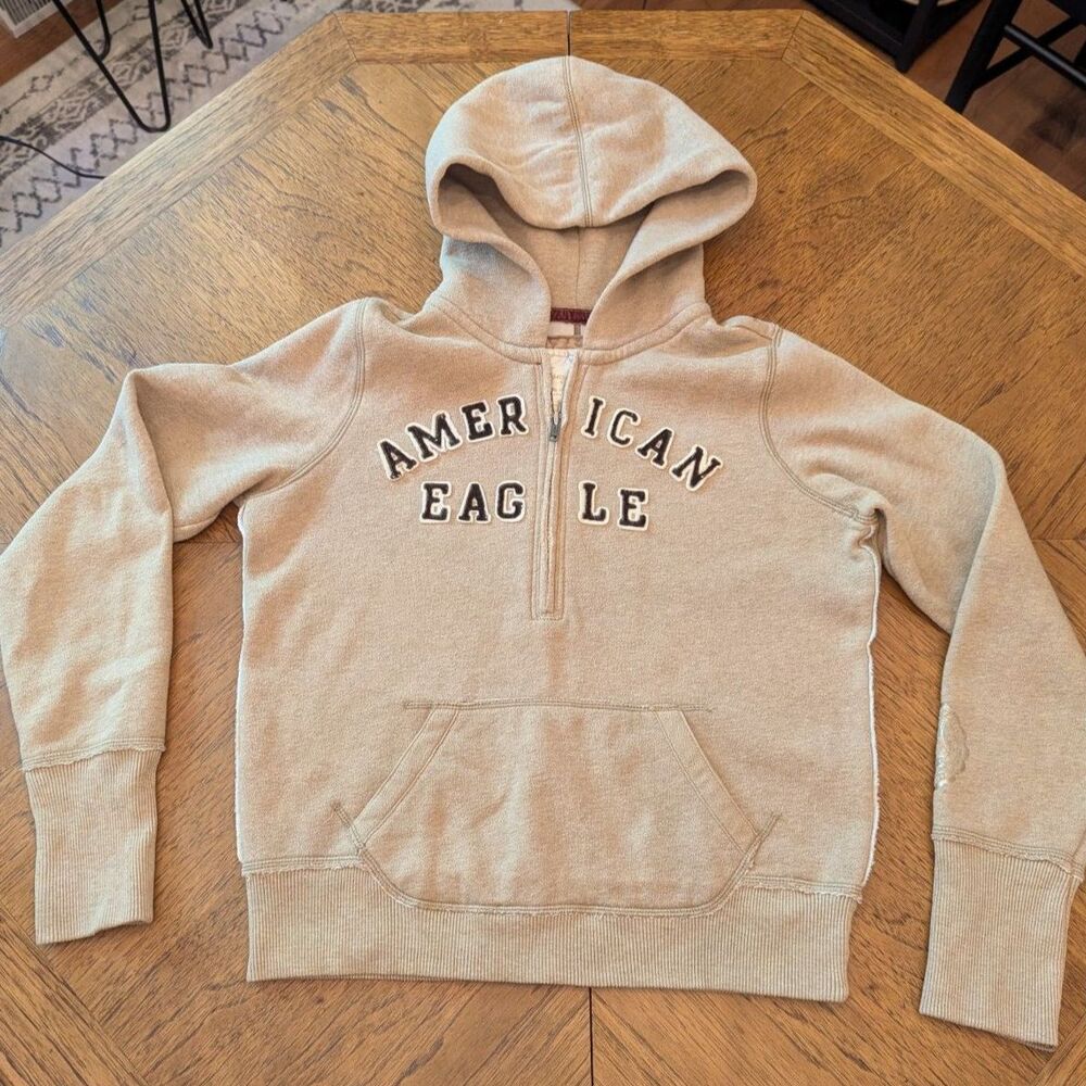 Y2K American Eagle Women's Size Small Tan/Beige Quarter-Zip Hoodie